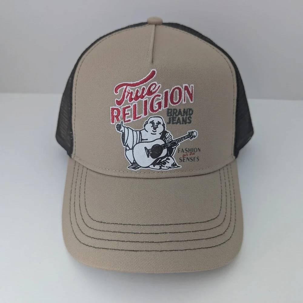 True Religion Buddha Embroidered Trucker‎ Hat Travertine Tan Black TR4241 NWT